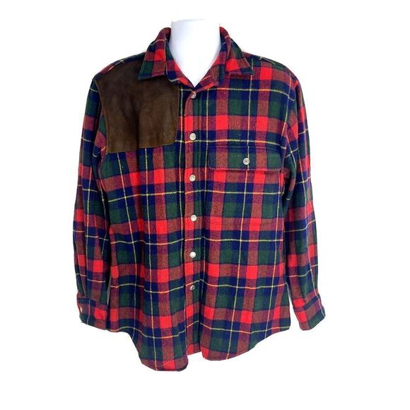 Chaps Other - Vintage Chaps Ralph Lauren Mens Large Plaid Wool Shirt Elbow Patches Leather